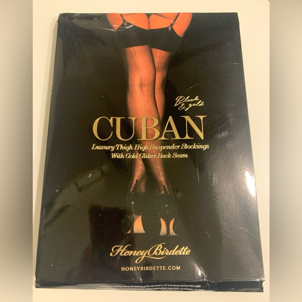 Brand New Honey Birdette Black and Gold Cuban Stockings Large